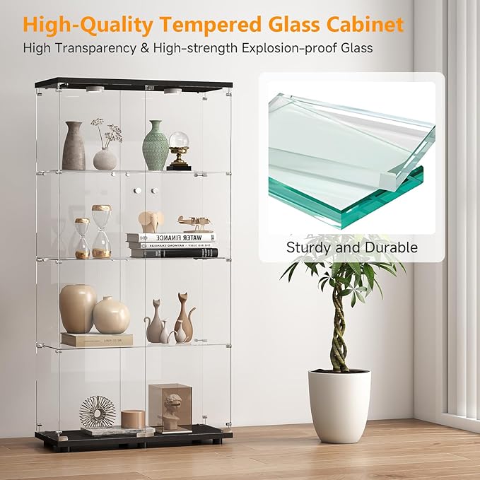 Tempered Glass Display Cabinet with Lights, 4-Tier Curio Cabinet with Glass Doors and Lock, Glass Display Case for Collectibles, for Living Room, Bedroom, Office, Black, Double Door