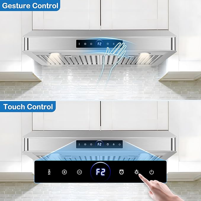 30 inch Under Cabinet Range Hood 1200 CFM with 4-Speed Gesture Sensing & Touch Control, Stainless Steel Kitchen Stove Vent Hoods with 2 LED Lights, Time Setting, Dishwasher-Safe Baffle Filters