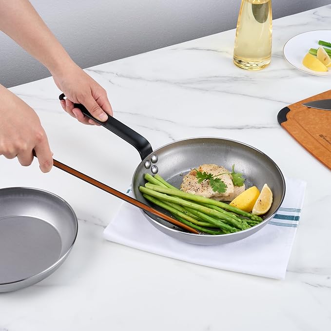 Restaurantware Met Lux 9.5 Inch Fry Pans, 6 No-Stick Frying Pans - Induction-Ready, Triple-Riveted, Silver Carbon Steel Cooking Skillets, Durable, For Searing, Sauteing, And Browning Food