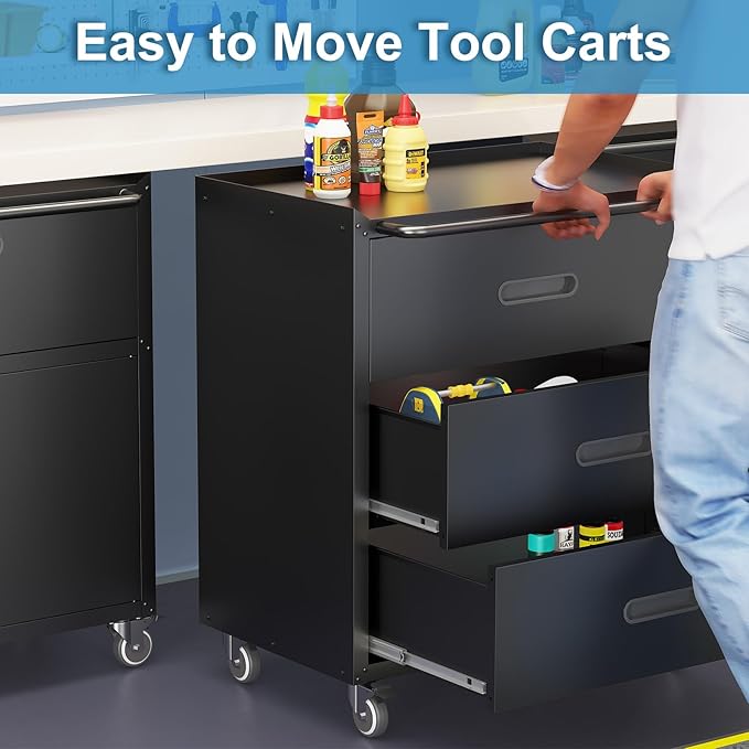 Black Metal Garage Storage Cabinet on Wheels, Heavy Duty Steel Rolling Tool Chest with Drawers, Mobile Tool Storage Cabinets for Warehouse Garage Basement, Assembly Required