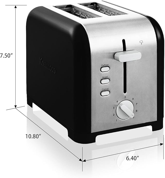 Kenmore toaster 2 slice - extra wide slot countertop kitchen appliance, defrost function, tostador de pan, 9 shade settings, compact design, easy clean crumb tray, bread bagel, stainless steel & black