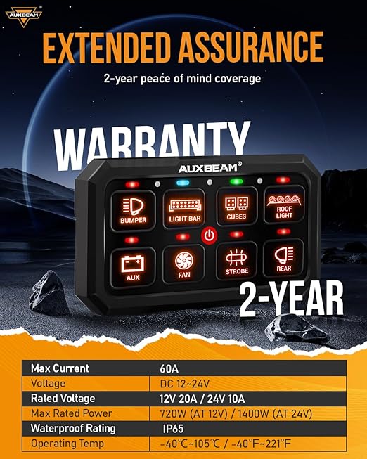 Auxbeam 8 Gang Switch Panel RA80 XL RGB 5 Inch Panel, 1" Larger Button Momentary Pulsed Toggle Switch Panel for Offroad SUV ATV UTV Truck Car Marine Boat, 2-Year Warranty