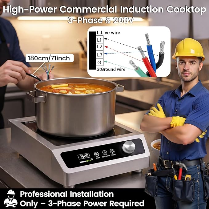 3500W Commercial Induction Cooktop, NESTIQEX 208V 3-Phase Large Induction Burner with 20 Power & Temp Levels, 9" Large Coil, 24h Timer, Pro Electric Countertop Burners for Restaurant