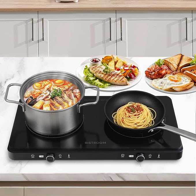 Double Induction Cooktop Continuous Low Power 9 Temperature Countertop Knob Control 1800W 18 Power 2 Electric Burner Sensor Touch Timer Stove