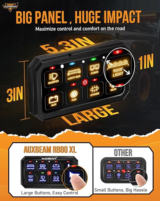 Auxbeam 8 Gang Switch Panel RA80 XL RGB 5 Inch Panel, 1" Larger Button Momentary Pulsed Toggle Switch Panel for Offroad SUV ATV UTV Truck Car Marine Boat, 2-Year Warranty