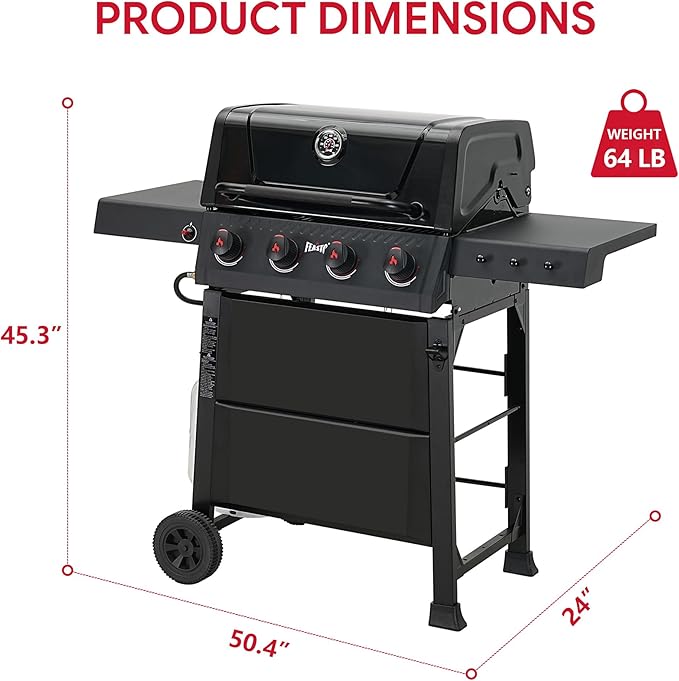 4 Burner Gas Grill, 36,000 BTU Outdoor BBQ Grill with Side Table for Outdoor Cooking & Backyard Barbecue, Premium Enameled Coated Chamber Body with Porcelain-Enameled Grates, Black