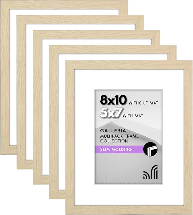 Americanflat 8x10 Picture Frame with Plexiglass - Set of 5 - Use as 5x7 Frame with Mat or Display 8x10 Photo Without Mat - Galleria Collection - Picture Frames for Tabletop or Wall - Natural Oak