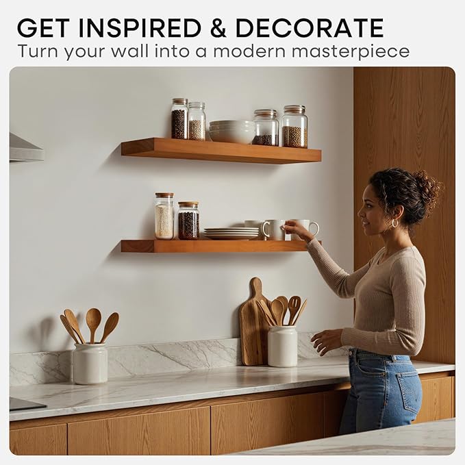 Homeforia Oak Floating Shelves 42 inch Long, High End Solid Real Wood 42inch Floating Shelf for Wall Mounted, Honey Oak Wooden 42in Floating Shelves, Heavy Duty Bracket, 42 X 6.5 X 1.75 in, Set of 2