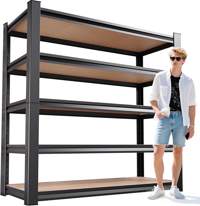 Garage Shelving 5-Tier Adjustable Metal Garage Shelves Heavy Duty Unit,3000 LBS Steel Shelf Storage Rack Suitable for Industries,Warehouses,Basement,Black(Wood-72'H x 45.7''W x 19.7''D)