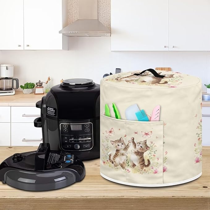 Xoenoiee Cute Cat Butterfly Floral Print Pressure Cooker Cover Kitchen Appliance Dust Cover with Pockets for Rice Cooker Air Fryer Slow Cooker, for 8 Qt Pot