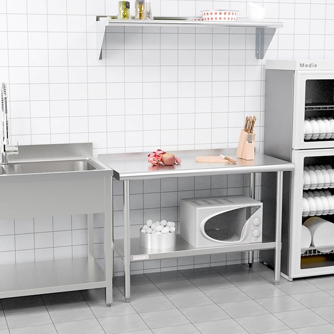 STABLEINK NSF Stainless Steel Table, 24 x 30 Inches Metal Prep & Work Table with Backsplash, Adjustable Undershelf and Table Foot, for Commercial Kitchen, Restaurant, Laundry Room and Garage