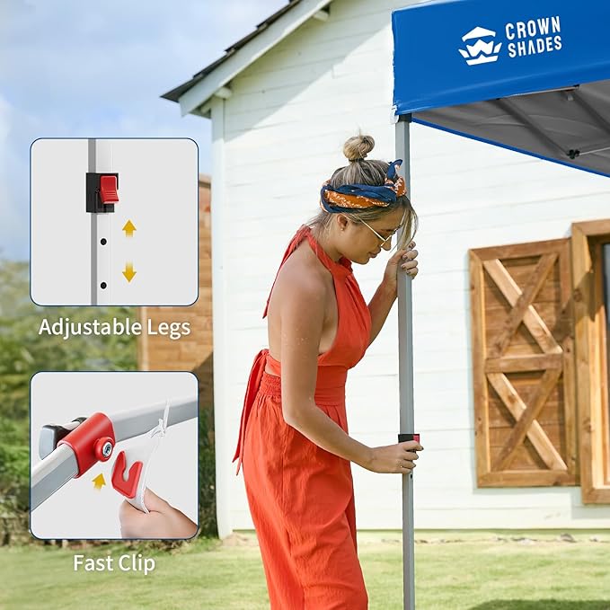 CROWN SHADES 8x8 Pop Up Canopy with 1 Side Wall - Beach Tent with One Push Setup - Outdoor Sun Shade for Events, Parties, Camping - Gazebo with STO-N-Go Cover Bag (Blue)