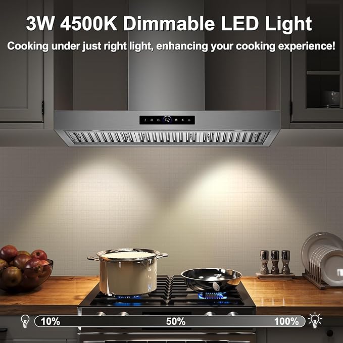 36 inch Range Hood Wall Mount, 1200 CFM with 4-Speed Gesture Sensing & Touch Control, Stainless Steel Kitchen Stove Vent Hoods with 2 LED Lights, Time Setting, Dishwasher-Safe Baffle Filters