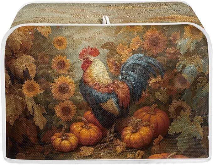 UNICEU Fall Toaster Cover 2 Slice Rooster Pumpkin Sunflower Print Stain Resistant Dust Proof Cover for Bread Maker Washable Kitchen Small Appliance Covers