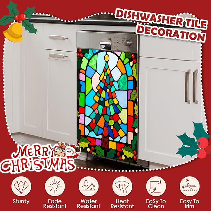 Christmas Tree Dishwasher Magnet Cover, 23" W x 26" H Fridge Magnetic Stickers Reuseable Magnet Panel Decal Cover for Washing Machine Fridge Microwave Cabinet Kitchen Christmas Decoration