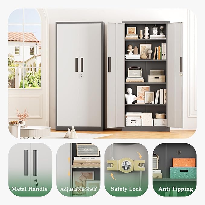 Crownland 63" Metal Storage Cabinet, Lockable Garage Storage Cabinets, High Office Cabinet with Adjustable Shelves for Garage, Home Office, Pantry, File(Grey & Light Grey)