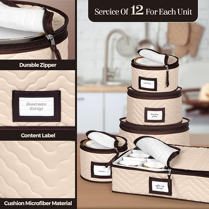 China Storage Containers 5-Piece Set Moving Boxes for Dinnerware, Glasses, Plates, Mugs and Saucers Sturdy Quilted Microfiber Dish Organizer with Dividers for Seasonal Storage - Holds Set of 12