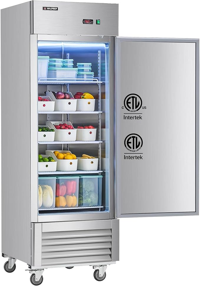 Wilprep Commercial Refrigerator 27" W 1 Door 1 Section ETL-Listed Stainless Steel Upright Fridge 23 Cu.ft Reach-in Solid Upright Fan Cooling Refrigerator for Restaurant, Bar, Shop, etc