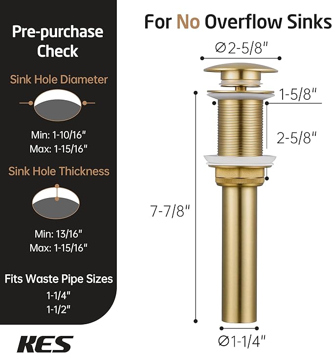 KES Sink Drain Stopper Without Overflow, Pop Up Drain for Bathroom Vessel Sink Brushed Gold 2 Pack, All Metal Rustproof Brass and 304 Stainless Steel, for 1.6"-1.9" Sink Hole, S2008D-BZ-P2