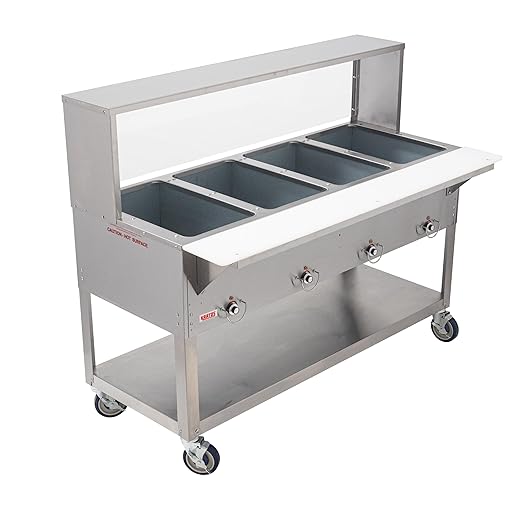 Kratos Commercial Electric Steam Table/Hot Food Table with Overshelf and Sneeze Guard, 4 Wells, Stainless Steel, Stationary, NSF, 240V (28W-204)