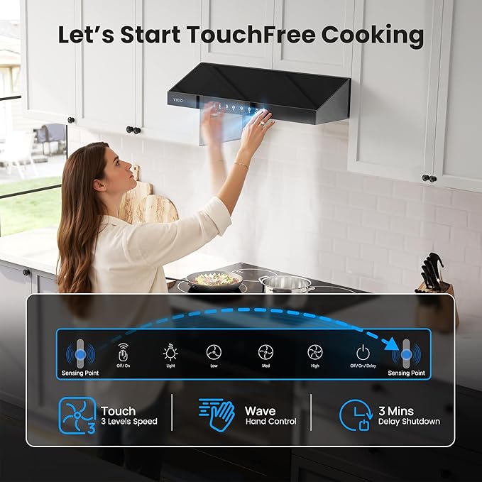 Under Cabinet Range Hood 30 Inch, 900 CFM Dual Centrifugal Motor, 3-Speed Ducted Kitchen Vent, Reusable Filters, Stainless Steel Kitchen Hood with LED Lights, Low Noise, Glass Black