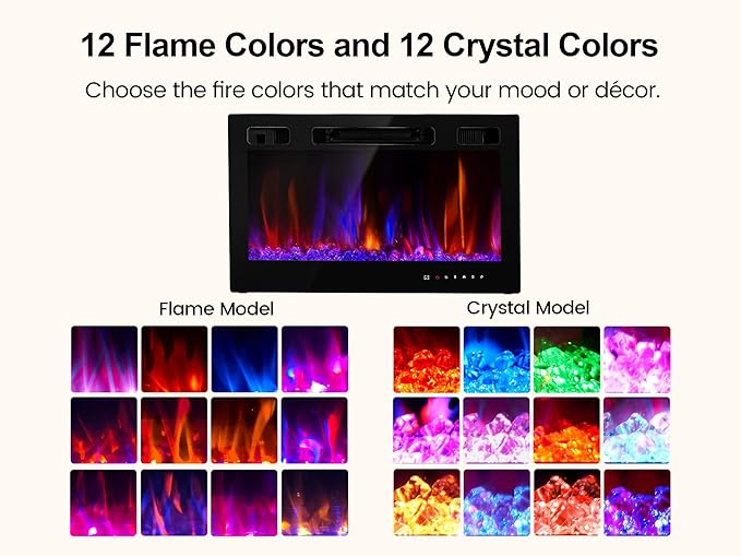 Electric Fireplace Insert 36" Realsmart 1500W Wall Mounted Fireplaces Recessed Heaters Remote Control Slim Black Fireplace Touch Screen Timer 12 Flame Colors LED Decor Low Noise