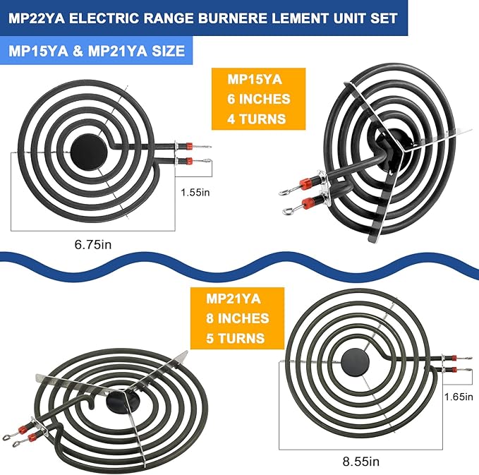 Fetechmate MP15YA MP21YA Electric Stove Burner Element Replacement Set (3) 6" & (1) 8" Black Porcelain Drip Pans Compatible with Whir-pool Electric Range Stove Top