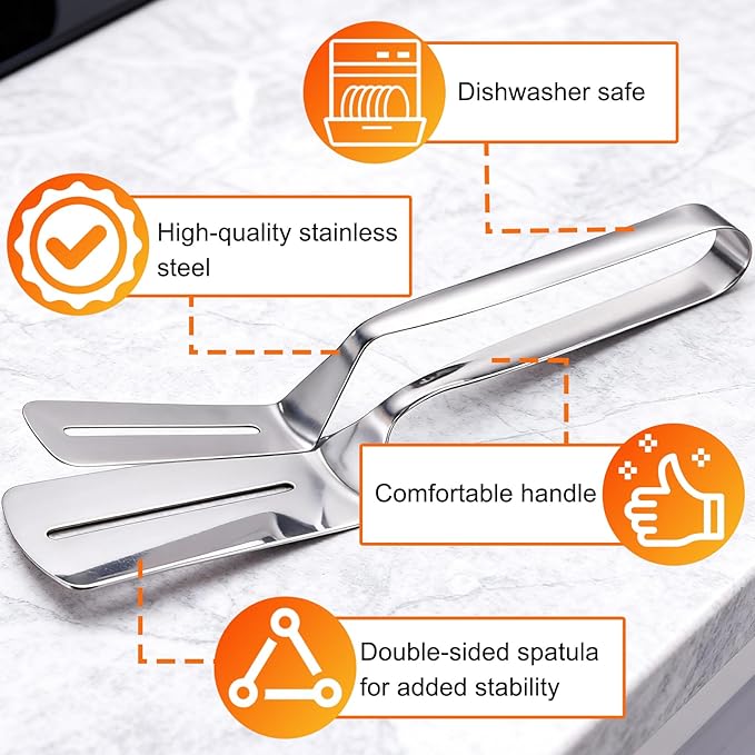 2PCS Stainless Steel Grill Clamp, Anti-Scald Extended Handle Spatula Tong, Steel Double-Sided Shovel Clip For Grilling Meat, Fish And Pancakes (B)