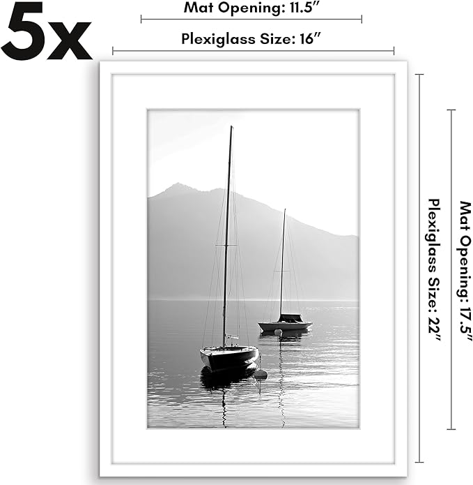 Americanflat 16x22 Picture Frame with Polished Plexiglass - Set of 5 - Use as 12x18 Frame with Mat or Display 16x22 Photo Without Mat - Galleria Collection - Picture Frames for Wall Display - White