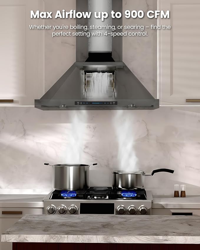 JOCO 30 Inch Black Wall Mount Range Hood, 900 CFM Stainless Steel Kitchen Chimney Vent Hood, Convertible for Ducted or Ductless Installation, 4-Speed Gesture/Touch/Remote Control P02-30G-B