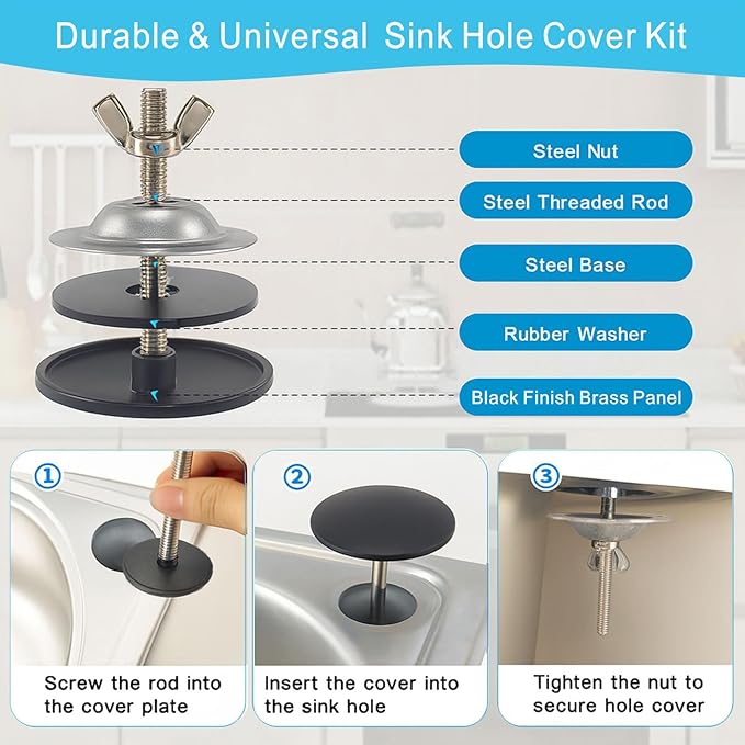 2 Inch Faucet Hole Cover, Sink Hole Cover, Solid Brass Black Finish Kitchen Sink Tap Hole Plate Stopper Cover for Home Kitchen and Bathroom, Kitchen Sink Hole Covers (Black)