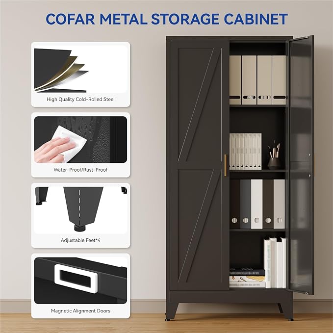 COFaR Black Metal Cabinet, 61 in Tall Metal Storage Cabinet with 3 Adjustable Shelves and Barn Doors, Farmhouse Cupboard Storage for Garage Kitchen Pantry Office, 4-Tier