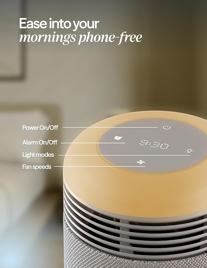 BLUEAIR Purifier for Bedroom - Mini Restful - Sunrise Clock with HEPASilent Filtration and Wake Up Light - Cleans Air and Supports Circadian Rhythm - USB-C and App Connectivity, Beige