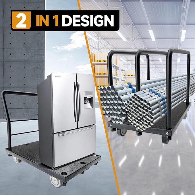 2in1 Panel Cart, Drywall Cart Platform Trucks 2500 lbs Capacity Lumber Cart Flatbed Cart 38" x 24" Heavy Duty Push Cart with 1Front and 3 Side Handrails& Swivel Casters
