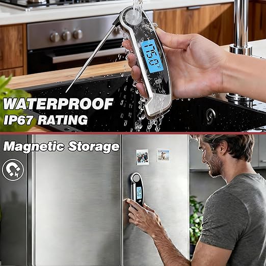 Meat Thermometer Digital Waterproof Instant Read Thermometer for Cooking ℃/℉ Convertible, Food Thermometer with Backlight, Cooking Thermometer for Kitchen Auto-Rotating Display Grey