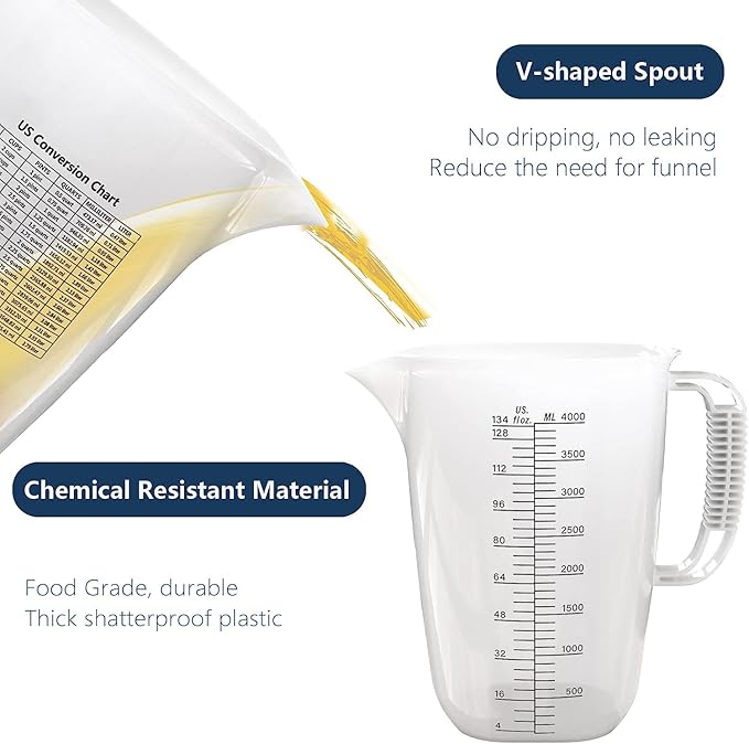 WhiteRhino 1 Gallon 134oz Measure Pitcher,US Conversion Chart, Extra Large Plastic Measuring Cup-Strong Food Grade, Graduated Mixing Pitcher for Lawn, Pool Chemicals,Home Hobbies,Motor Oil and Fluids