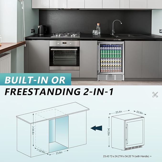 EUHOMY 24 Inch Beverage Refrigerator, 180 Can Built-in Beverage Cooler, Under Counter Beer Fridge with Glass Door for Soda, Water, Wine - For Kitchen, Bar or Office