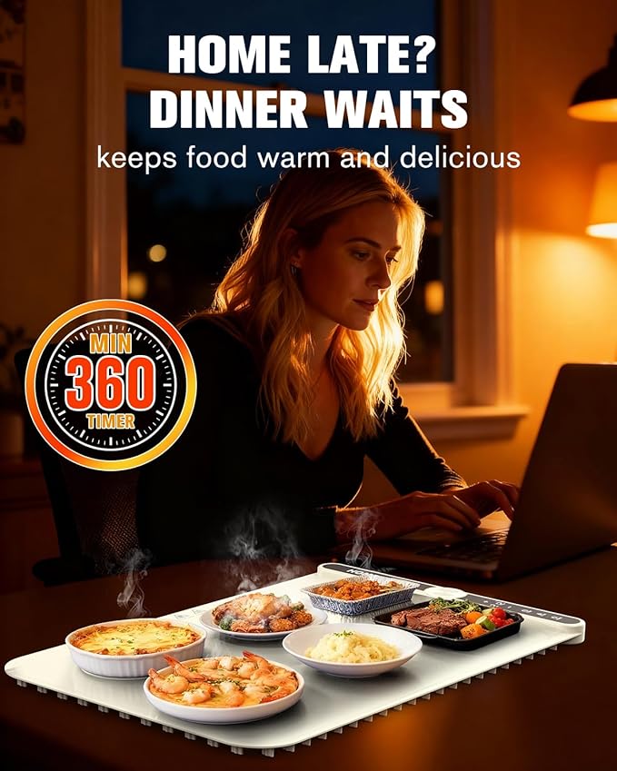 Food Warming Mat, Rapid Heating Electric Warming Tray with 9 Temp Setting and 6 Hours Timer,Foldable Warming Trays for Food, Portable Food Warmers for Parties Buffet, Beige