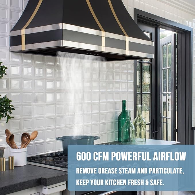 Akicon Range Hood Insert 36 Inch, Ultra Quiet, Powerful Suction Built-in Kitchen Vent Hood, Matte Black Stainless Steel Ducted Stove Hood with Dimmable LED Lights, 3-Speeds 600CFM