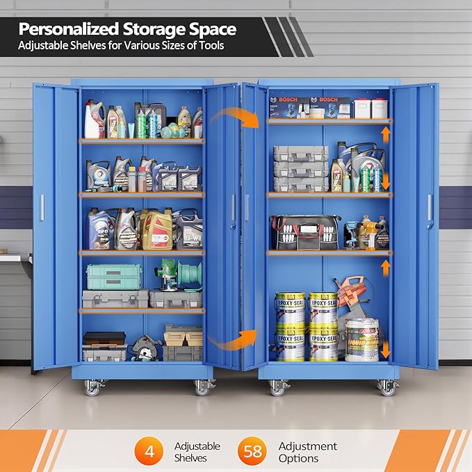 VINGLI Rolling Metal Storage Cabinet with Adjustable Shelves, 71'' Tall Garage Storage Cabinet with Wheels, Locking Tool Cabinets for Home Office Garage Gym School (Blue)