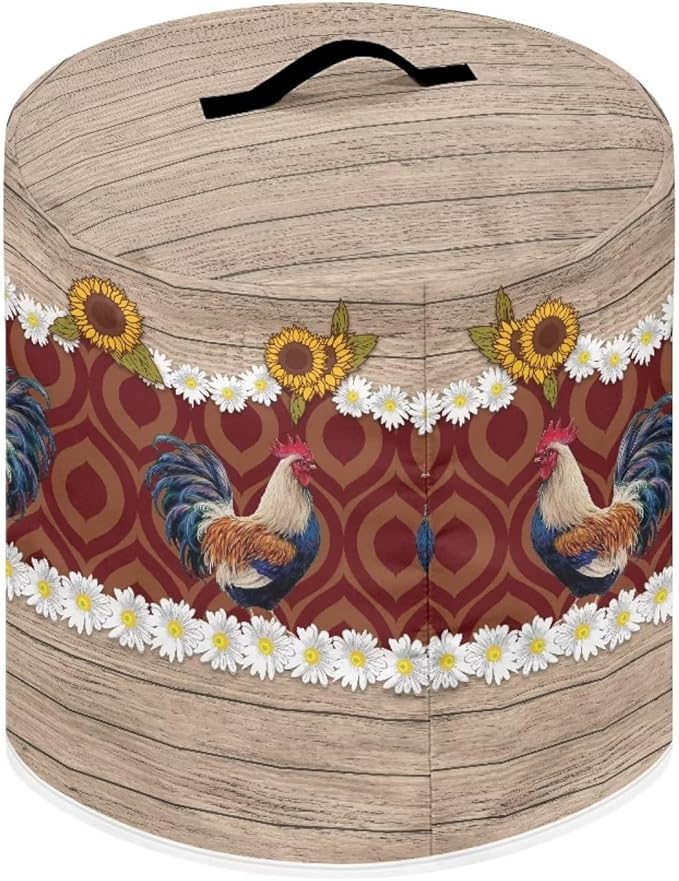 Air Fryer Dust Cover Compatible with 6 Quart Instant Pot, Insulated Kitchen Appliance Cover with Top Handle and Storage Pockets for Gift, Daisy Rooster Wood Grain