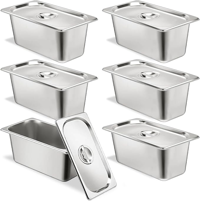 6 Set Stainless Steel Hotel Pans 1/3 Size 6 Inch Deep With Lids, Anti-Jam Chafing Steam Table Pans, Catering Food Storage Metal Pan