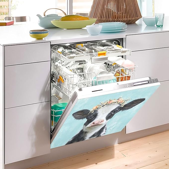 Flowers Cow Teal Dishwasher Magnet Cover for Front Panel Magnetic Dishwasher Cover Decorative Refrigerator Magnet Covers Dishwashers Magnetic Sticker for Kitchen Home, 23" x 26"