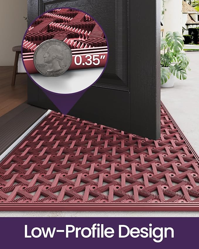 DEXI Front Door Mat Outside Entrance Rubber 32x48, Welcome Floor Doormat Heavy Duty Non Slip, Dirt Trapper Waterproof Exterior Entry Mats All Weather for Patio Entryway Drainage, Red