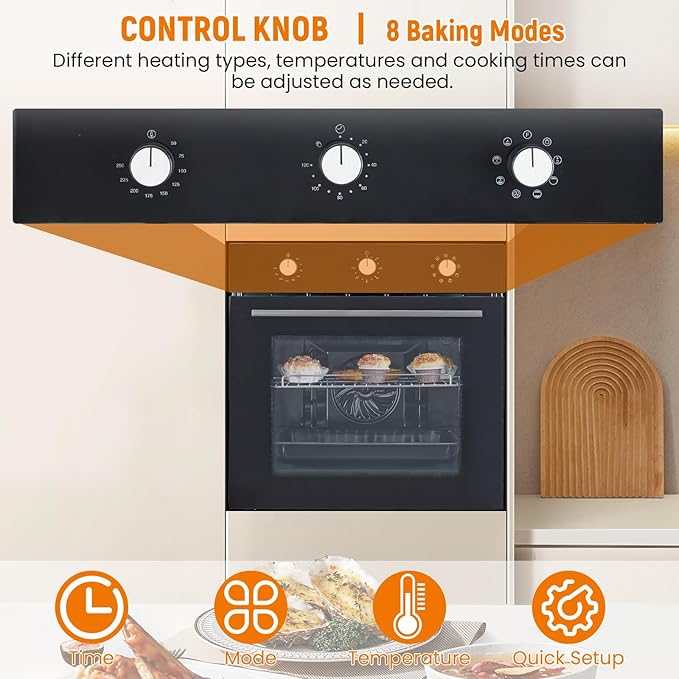 24 Inch Built-in Electric Single Wall Oven, 2.5Cu.ft. Stainless Steel Convection Oven with 8 Cooking Functions, Mechanical Knob Control, Timer, Convection Fan and Safety Lock, 3000W, Black