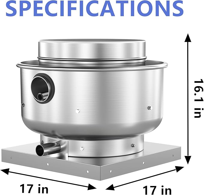Roof Ventilator Restaurant Hood Grease Rated Exhaust Fan Food Truck Direct Drive Centrifugal Upblast Exhaust Fan 1/6HP 800 CFM 110 Volt Single Phase Motor