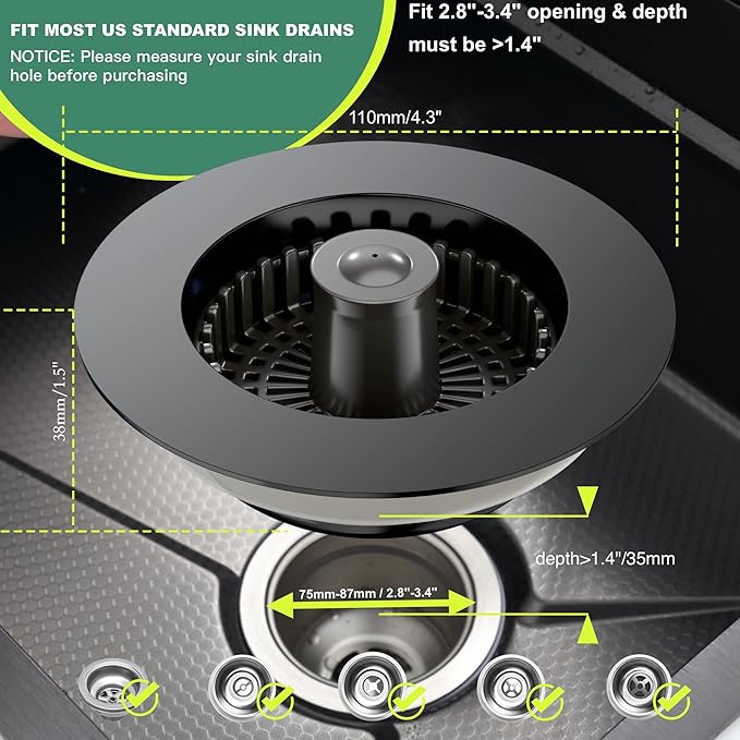 Sink Drain Strainer, 3 in 1 Kitchen Sink Drain Strainer, Kitchen Sink Stopper, Sink Drain Stopper, Sink Strainer with an Extra Anti-Clog Basket for US Standard 3-1/2'' Sink Hole, Brass Material Black