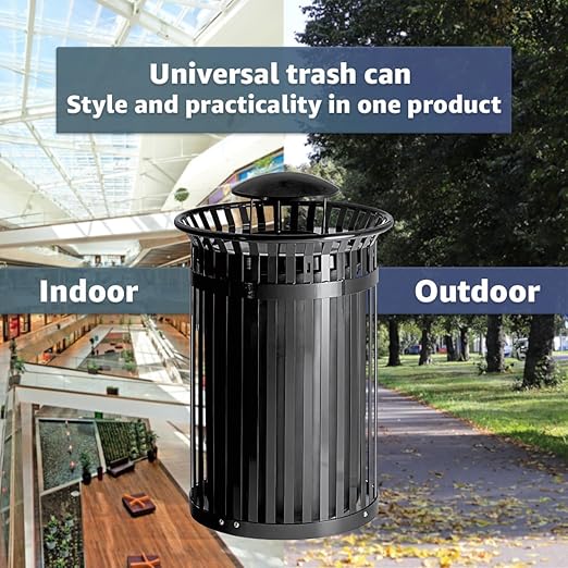 45 Gallon Black Trash Can with Rain Bonnet Lid, Outdoor Heavy-Duty Commercial Waste Bin Steel Slatted, Round Recycle Container, Durable Garbage Can for Parks, Municipalities, Schools, Parking