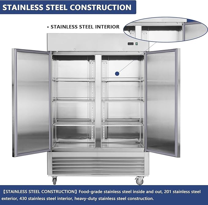 54"W Commercial Freezer 2 Section 2 Solid Door Stainless Steel Reach-in Freezer 42.2 Cu.ft. Upright Fan Cooling Freezer for Restaurant, Bar, Shop, Home, Business, Kitchen, Residential, ETL & DOE
