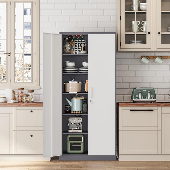 Metal Cabinet Steel Storage Cabinet - 71” Tall Steel File Cabinets with Lockable Doors and 5 Adjustable Shelves Gray&White Storage Cabinets for Home, School, Office, Garage